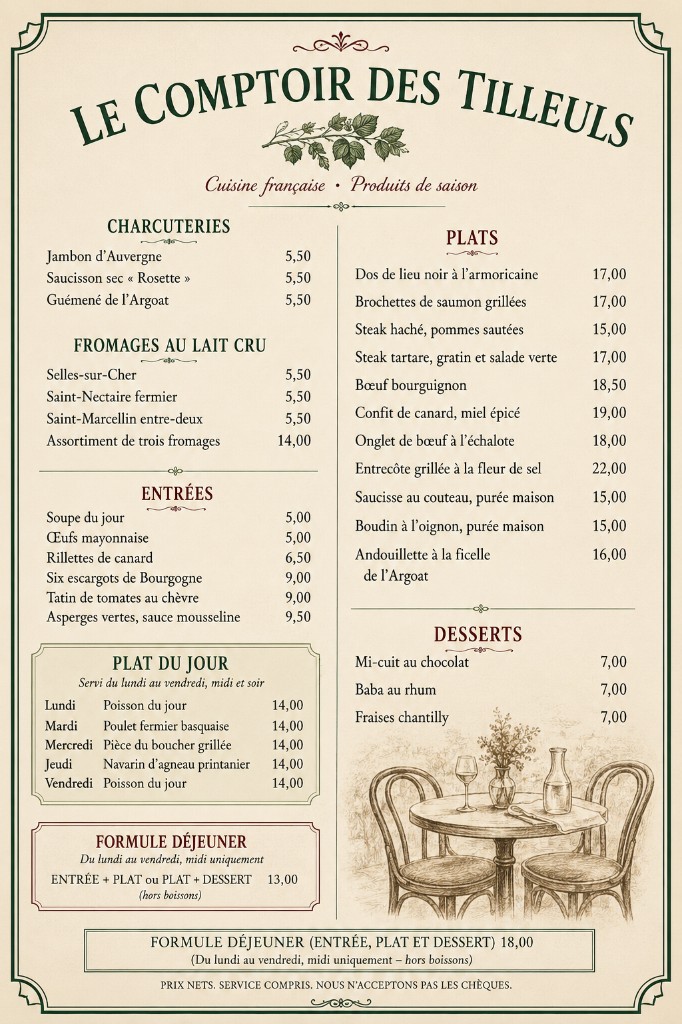 A French restaurant menu from Le Comptoir des Tilleuls, with sections for charcuteries, cheeses, starters, daily specials, main courses, desserts, and lunch formules